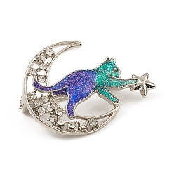Platino Aleación de diamantes de imitación broche, con polvo del brillo, gato esmaltado con luna y estrella, Platino, 26x35x10 mm