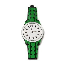 Vert Foncé Grand pendentif acrylique, horloge, charme de montre de dessin animé, vert foncé, 72x27x3.5mm, Trou: 1.6mm