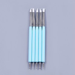 Bleu Ciel Outils de point d'art de double tête de silicone, stylos pinceaux à ongles, peinture pinceaux de ligne de dessin, avec tube en laiton et acrylique, bleu ciel, 14.6~14.7x0.7 mm, 5 pcs / set