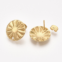 Golden 304 Stainless Steel Stud Earring Findings, with Ear Nuts/Earring Backs, Flat Round, Golden, 17mm, Hole: 1.8mm, Pin: 0.7mm