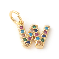 Letter W Brass Micro Pave Colorful Cubic Zirconia Charms, Golden, Letter.W, 8.5x9.5x2mm, Hole: 3mm