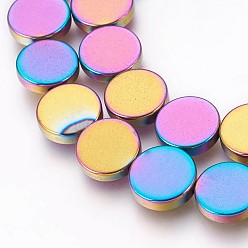 Multi-color Plated Electroplated Non-magnetic Synthetic Hematite Beads Strands, Polish, Flat Round, Multi-color Plated, 10x2mm, Hole: 0.8mm, about 41pcs/strand, 15.94 inch(40.5cm)