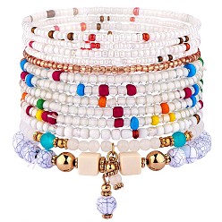 White 11Pcs Boho Seed Beads Stretch Bracelets Set, Multilayered Stackable Bracelets, Colorful Beaded Charm Surfer Bracelets for Women, White, Inner Diameter: 1-3/4~2-1/8 inch(4.5~5.5cm)
