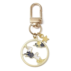 Light Gold Chinese Style Alloy Enamel Pendant Decoratios, with Swivel Clasps and Star Charm, Flat Round with Rabbit, Light Gold, 65mm