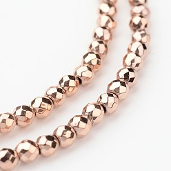 Plaqué D'or Rose Brins de perles lisses en hématite synthétique non magnétique plaquées écologiques de longue durée, ronde à facettes, rose plaqué or, 2mm, Trou: 1mm, Environ 173 pcs/chapelet, 15.5 pouce