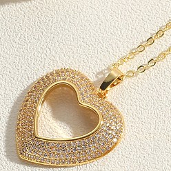 Clear Real 14K Gold Plated Brass Cubic Zircon Pendant Necklace for Women, Heart, Clear, 17.72 inch(45cm)
