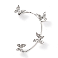 Platinum Butterfly Crystal Rhinestone Cuff Earrings for Girl Women Gift, Brass Earrings for Non-Piercing Ear, Platinum, 63x41.5x10.5mm