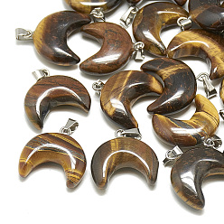 Tiger Eye Natural Tiger Eye Pendants, with Stainless Steel Snap On Bails, Moon, Stainless Steel Color, 18~19x20x6mm, Hole: 6x2.5mm