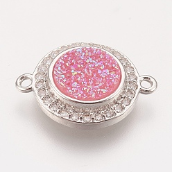 Pink Brass Micro Pave Cubic Zirconia Links, with Druzy Resin Cabochon, Flat Round, Platinum, Pink, 17x13x3~5mm, Hole: 1.2mm