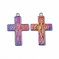 Rainbow Color Ion Plating(IP) 304 Stainless Steel Pendants, Cross with Sunflower Charm, Rainbow Color, 35x23x1.8mm, Hole: 2.5mm