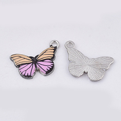 Pink Printed Alloy Pendants, with Enamel, Butterfly, Platinum, Pink, 13x20x2mm, Hole: 1.6mm