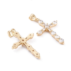 Real 18K Gold Plated Brass Micro Pave Cubic Zirconia Pendants, Long-Lasting Plated, Cross, Clear, Real 18K Gold Plated, 32x20x4.5mm, Hole: 3x4mm
