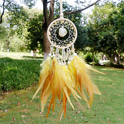 Feather Natural Citrine Woven Web/Net with Feather Pendant Decorations, with Wood Beads, Covered with Cotton Lace and Villus Cord, 400x70mm