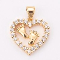 Golden Brass Micro Pave Cubic Zirconia Pendants, Heart with Foot, Clear, Golden, 16x16x3mm, Hole: 3.5x4mm