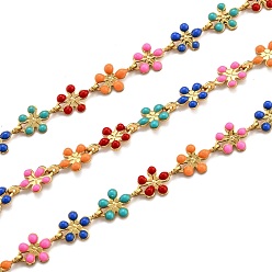 Colorful Golden Brass Enamel Link Chain, Long-Lasting Plated, with Spool, Unwelded, Flower, Colorful, 9x6x1mm, 32.8 Feet(10m)/roll