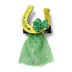 Others Saint Patrick's Day Sequins Felt Alligator Hair Clips, with Iron Clips, for Girl Child, Horseshoe, 105x53x14mm