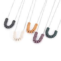 Mixed Color 304 Stainless Steel Cable Chain Necklaces, Beaded Necklaces, with Flat Round Natural Lava Rock Beads and Lobster Claw Clasps, Stainless Steel Color, Mixed Color, 17.83 inch(45.3cm)
