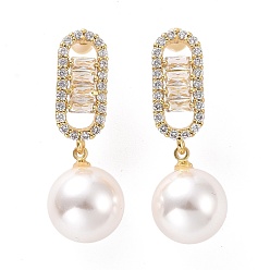 Blanc Boucles d'oreilles ovales en zircone cubique transparente avec perles en plastique, bijoux en laiton plaqué or clair pour femme, sans cadmium et sans plomb, blanc, 35mm, pin: 0.9 mm