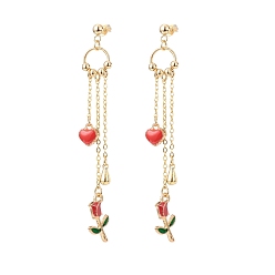 Rouge Clous d'oreilles pendants cœur et rose en émail, boucles d'oreilles pendantes en alliage plaqué or pour la saint valentin, rouge, 80mm, pin: 0.8 mm