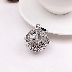 Platinum Brass Hollow Round with Tree of Life Cage Pendants, For Chime Ball Pendant Necklaces Making, Platinum, 24x21mm