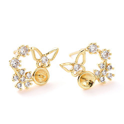 Real 18K Gold Plated Brass Micro Pave Clear Cubic Zirconia Stud Earring Findings, for Half Drilled Beads, Flower with Butterfly, Real 18K Gold Plated, 12x14mm, Pin: 0.6mm, Tray: 3.5mm, Pin: 0.8mm