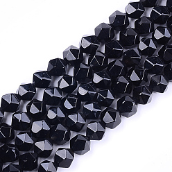 Negro Ágata natural de hebras, teñido, facetados, cuentas redondas con corte de estrella, negro, 9~10x9~10x9~10 mm, agujero: 1 mm, sobre 37 unidades / cadena, 14.5 pulgada