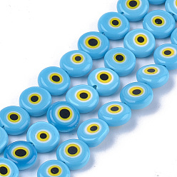 Azul Cielo Hechos a mano de perlas de mal de ojo de cristal de murano hebras, plano y redondo, luz azul cielo, 9.5x3.5 mm, agujero: 1.2 mm, sobre 38 unidades / cadena, 14.1 pulgada ~ 14.5 pulgada