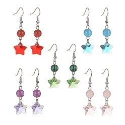 Mixed Color Resin & Glass Star Dangle Earrings, Platinum Brass Earrings, Mixed Color, 45x13.5mm