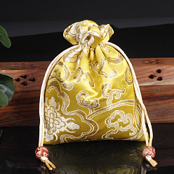 Champagne Yellow Chinese Style Flower Pattern Satin Jewelry Packing Pouches, Drawstring Gift Bags, Rectangle, Champagne Yellow, 14x11cm