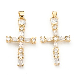 Real 18K Gold Plated Brass Micro Pave Clear Cubic Zirconia Pendants, Long-Lasting Plated, Cross, Real 18K Gold Plated, 37.5x21x3.5mm, Hole: 4x3.5mm