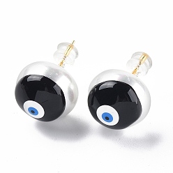 Black Natural Shell Evil Eye Stud Earrings with Enamel, Real 18K Gold Plated Brass Jewelry for Women, Black, 14mm, Pin: 0.8mm