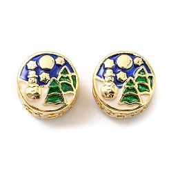 Real 18K Gold Plated Christmas Brass Enamel European Beads, Large Hole Beads, Lead Free & Cadmium Free, Flat Round with Christmas Tree, Real 18K Gold Plated, 11x8.5mm, Hole: 4.2mm