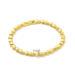 Real 18K Gold Plated Micro Pave Cubic Zirconia Link Bracelets, Rack Plating Heart Brass Bracelets for Women, Long-Lasting Plated, Cadmium Free & Lead Free, Real 18K Gold Plated, 7-5/8 inch(19.4cm)