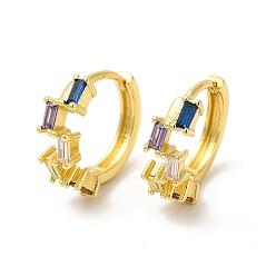 Colorful Cubic Zirconia Rectangle Hoop Earrings, Real 18K Gold Plated Brass Jewelry for Women, Cadmium Free & Nickel Free & Lead Free, Colorful, 14x14x2~5mm, Pin: 0.7mm