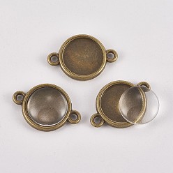 Antique Bronze DIY Links Making, with Alloy Cabochon Connector Settings and Clear Glass Cabochons, Flat Round, Antique Bronze, Connector Setting: 21x15x3mm, Hole: 2mm, Tray: 12mm, Glass Cabochon: 11.5~12x4mm, 2pcs/set