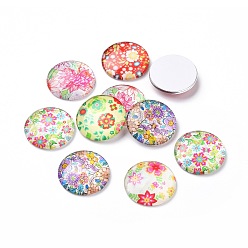 Mixed Color Half Round/Dome Floral Printed Glass Cabochons, Mixed Color, 25x7mm