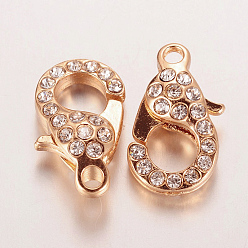Rose Gold Alloy Glass Rhinestone Lobster Claw Clasps, Rose Gold, 21x12.5x7mm, Hole: 2.5mm