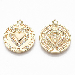 Real 18K Gold Plated Brass Micro Pave Cubic Zirconia Pendants, Flat Round with Heart & Greek Words for Love, Nickel Free, Clear, Real 18K Gold Plated, 23.5x21x2.5mm, Hole: 1.8mm
