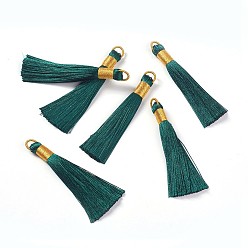 Teal Nylon Tassel Big Pendants, with Iron Findings, Golden, Teal, 80x8.5mm, Hole: 5x6.5mm