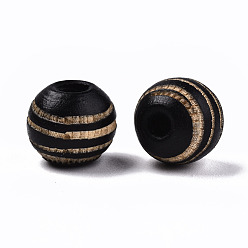 Black Painted Natural Wood Beads, Laser Engraved Pattern, Round with Zebra-Stripe, Black, 10x8.5mm, Hole: 2.5mm