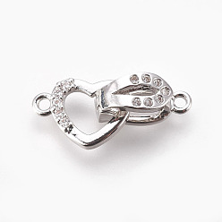 Real Platinum Plated Brass Micro Pave Cubic Zirconia Fold Over Clasps, Heart, Clear, Real Platinum Plated, 18mm, Hole: 1.2mm