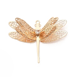 Light Gold Brass Pendants, with Rhinestone, Dragonfly Charm, Light Gold, 29x36x10.5mm, Hole: 1.5mm and 0.8mm