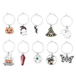 Mixed Color Halloween Theme Alloy Enamel Pendants Wine Glass Charms Sets, with Brass Hoop Earrings Findings, Mixed Shapes, Mixed Color, 47~50mm, 10pcs/set