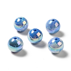 Bleu Placage uv perles acryliques irisées arc-en-ciel opaques, ronde, bleu, 15~15.5x15.5~16mm, Trou: 2.7~2.8mm