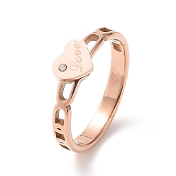 Rose Gold Crystal Rhinestone Heart with Word Love Finger Ring, Ion Plating(IP) 304 Stainless Steel Jewelry for Women, Rose Gold, US Size 7(17.3mm)