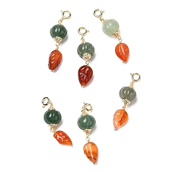 Real 14K Gold Plated Natural Green Aventurine & Natural Agate Pendant Decorations, with Brass Spring Ring Clasps, Pumpkin & Leaf, Real 14K Gold Plated, 39~40mm
