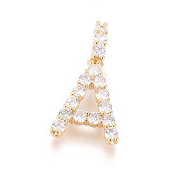 Letter A Golden Plated Brass Micro Pave Clear Cubic Zirconia Pendants, Long-Lasting Plated, Letter, Letter.A, 22.5x15.5x3.5mm, Hole: 7x3mm