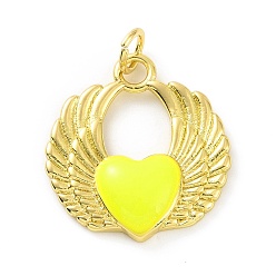 Yellow Rack Plating Brass Enamel Pendants, with Jump Ring, Long-Lasting Plated, Real 18K Gold Plated, Cadmium Free & Lead Free, Wing with Heart Charm, Yellow, 20.5x19x3.5mm, Jump Ring: 5x0.8mm, Inner Diameter: 3.5mm