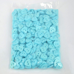 Pale Turquoise Lovely Heart Shaped Buttons, ABS Plastic Button, Pale Turquoise, about 14mm in diameter, hole: 1.5mm, about 400pcs/bag