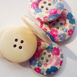 Colorful Painted & Scooped 4-Hole Buttons , Wooden Buttons, Colorful, about 30mm in diameter